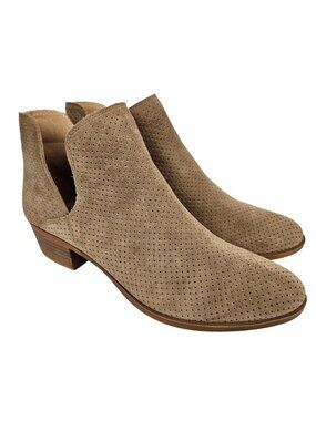 Lucky Brand Baley Tan Perforated Suede Leather Pull On Notched Ankle Boot 9.5
